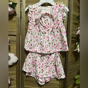 Nannette Kids Skort Set Strawberries with Pink Florals matching headband include